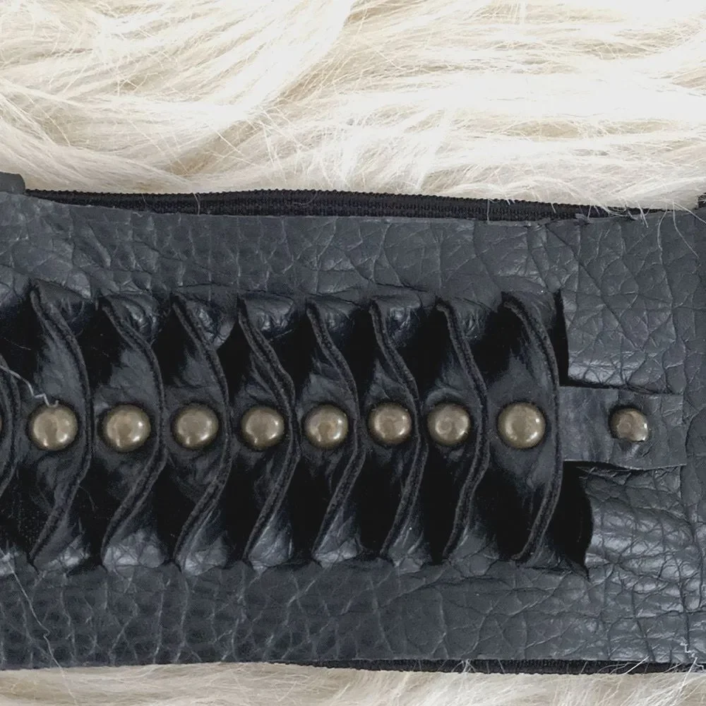 Vintage Black Vegan Leather Belt with Studded Elastic Back, Hook Front Boho Chic